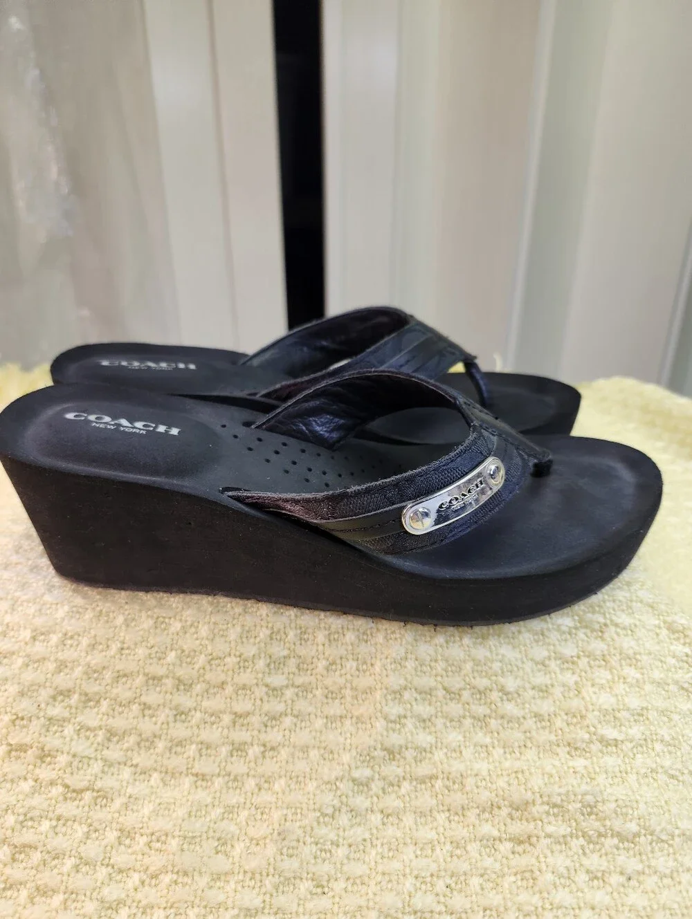 Coach Black Women's Thong Sandals with Leather and Fabric Straps